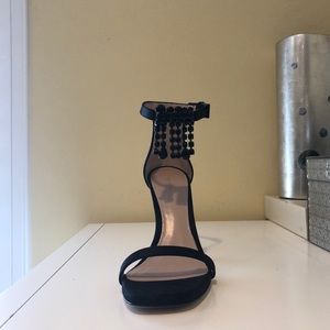 Stuart Weitzman Black Fringe Square Nudist Heels